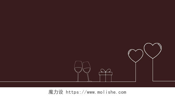 酒红色简约爱心酒杯礼物盒子葡萄酒情人节展板背景